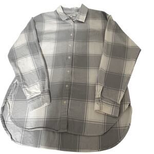 Womens Button Up Shirt Soft Cozy Pastel Gray White Plaid Sz L Hi- Lo Casualm